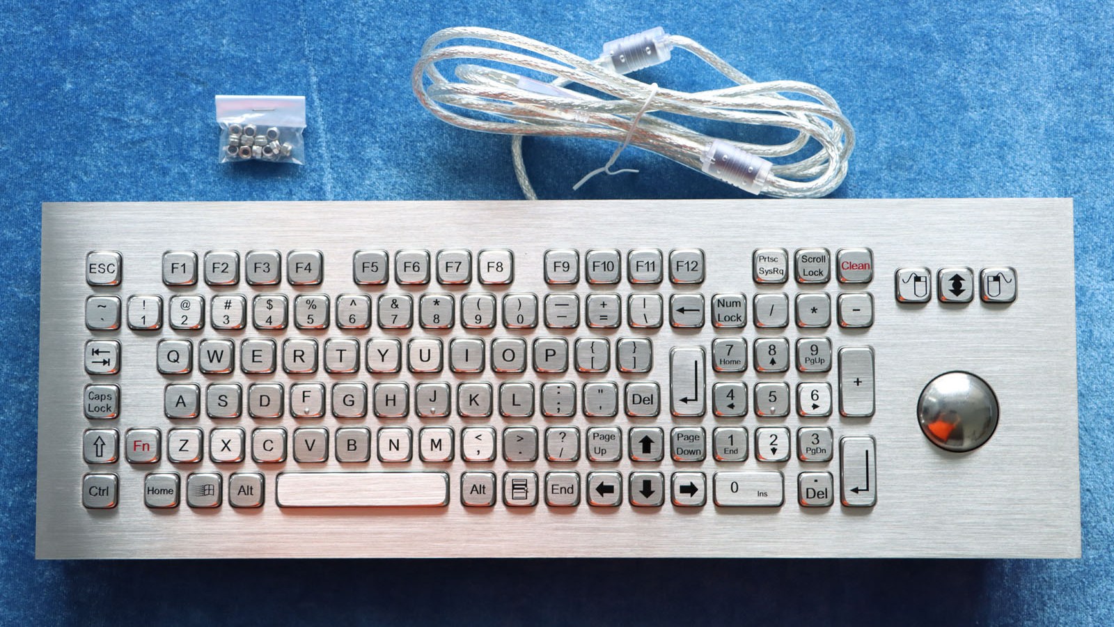 Front view of the Newdesy K-TEK-A420-MTB-KP-FN-DWP stainless steel industrial keyboard with integrated metal trackball