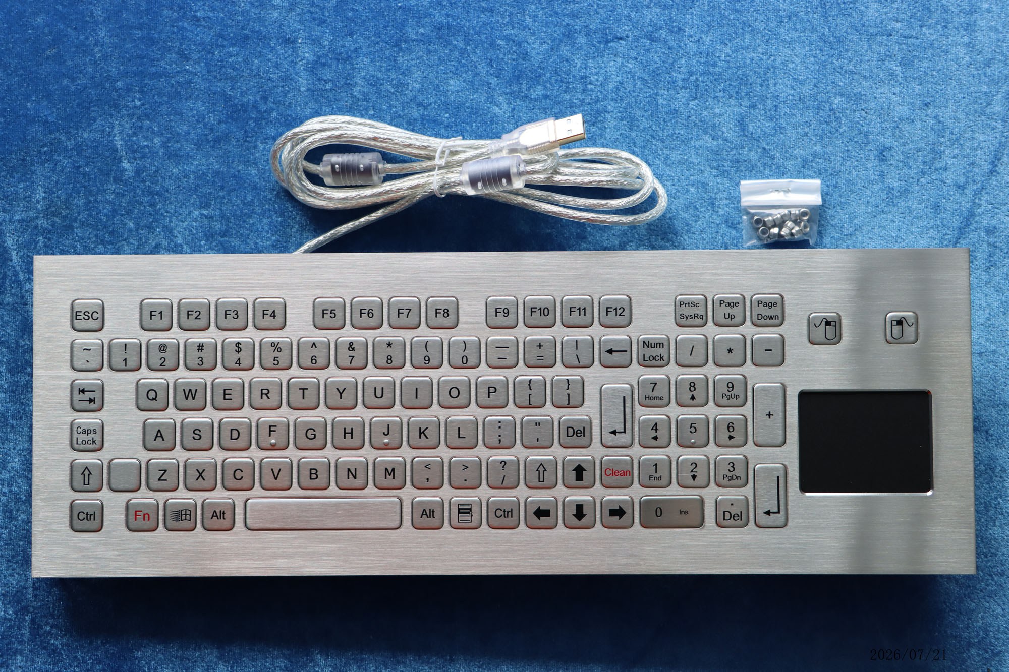 Front view of the Newdesy K-TEK-B420TP-KP-FN-DWP stainless steel keyboard with integrated touchpad